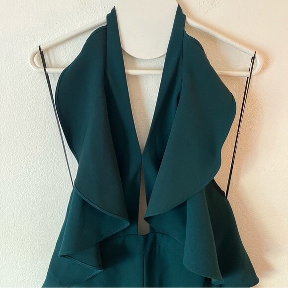 Zara Emerald Green Ruffle Detail Backless Halter Top Jumpsuit- Size Small - Picture 5 of 7